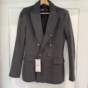 Zara Gray Double-Breasted Shoulder Pad Blazer